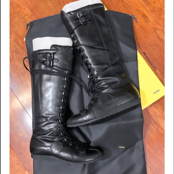 FENDI Black Leather Lace-Up Moto Boots ⭐️AUTHENTIC - Picture 3 of 7